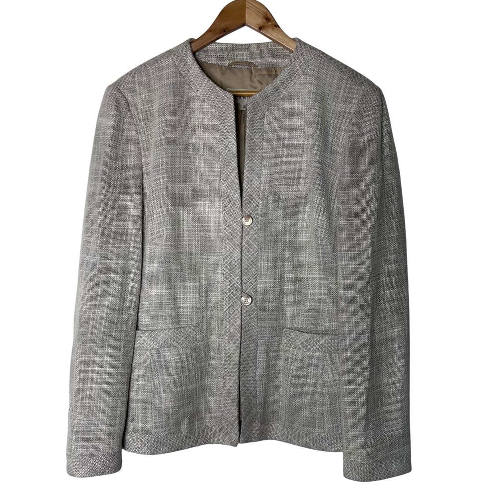 Feraud Women's‎ Blazer Jacket Size 40 US 10 Beige Tweed Collarless Button Front